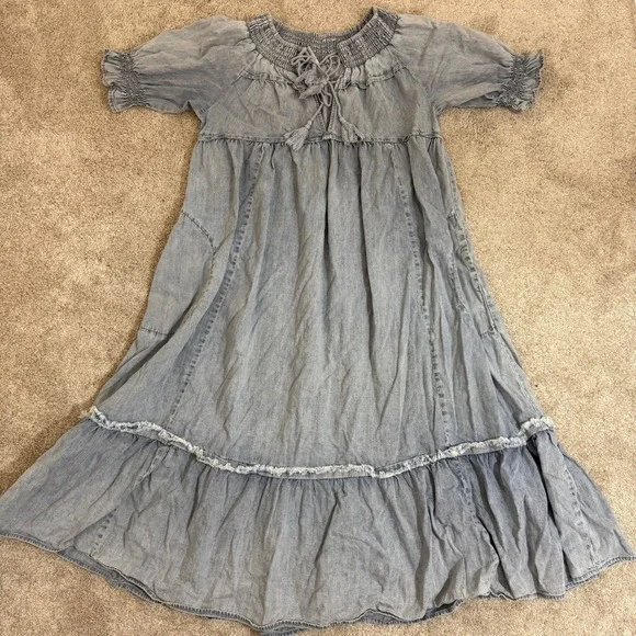Free People One and Only Light Wash Denim Smocked Boho Midi Dress Large Cotton - Picture 2 of 10